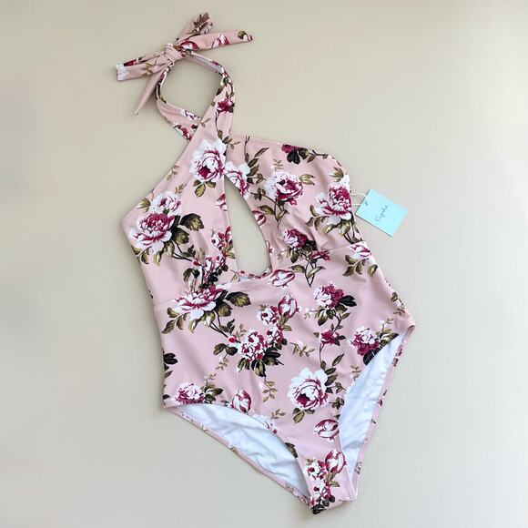 Cupshe Pink Floral Deep V Cross Front Halter One-Piece Swimsuit NWT - Picture 1 of 8